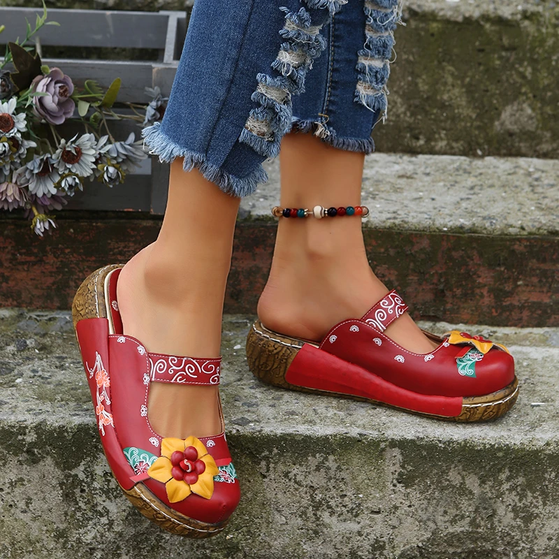 

2022 Summer Casual Vintage Flats Women's Printed Leather Boho Summer Beach Shoes Vintage Flowers Halter Slip-On Flats Zapatos