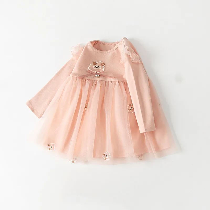 

Toddler Girls Dress 2022 Spring Autumn New Cute Cartoon Embroidered Bow Mesh Long Sleeve Princess Costume 1-5 Years Kid Clothing