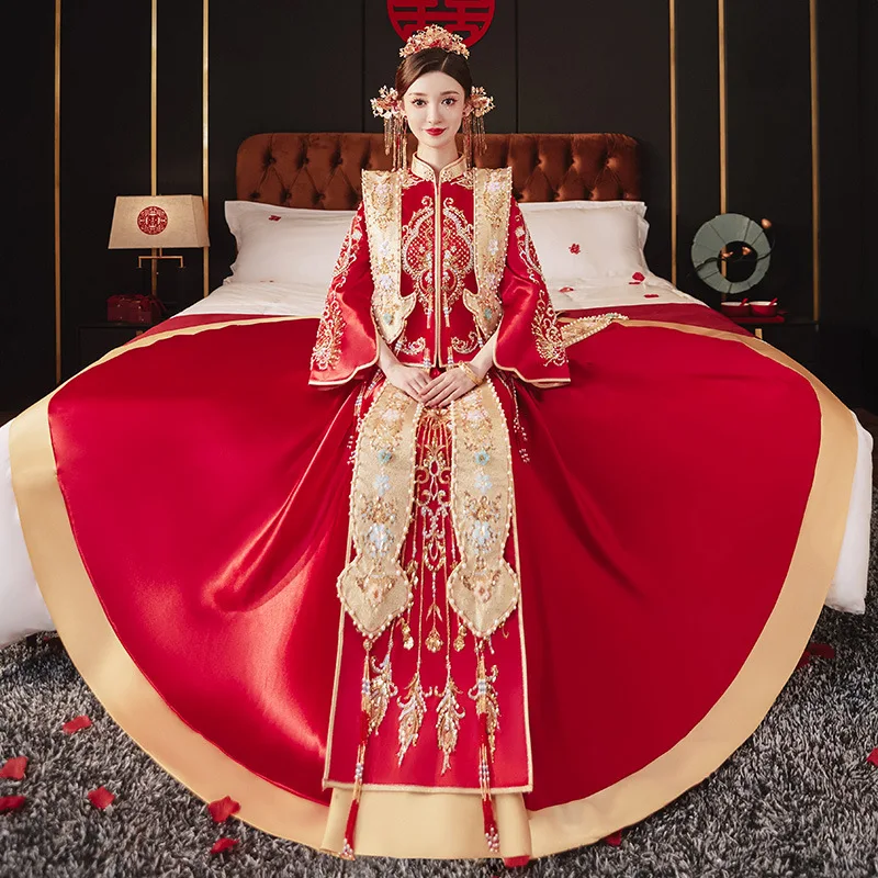 Xiuhe Groom Suits Hanfu Bride Luxury Ancient China Wedding Costume Red Embroidery Oriental Style Couple Clothing Vestido Chino
