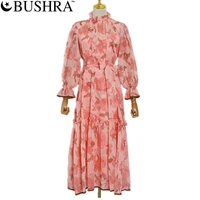 bushra chiffon long dress 2022 summer new style printed stand up collar waist tie up large size and elegant big swing dress
