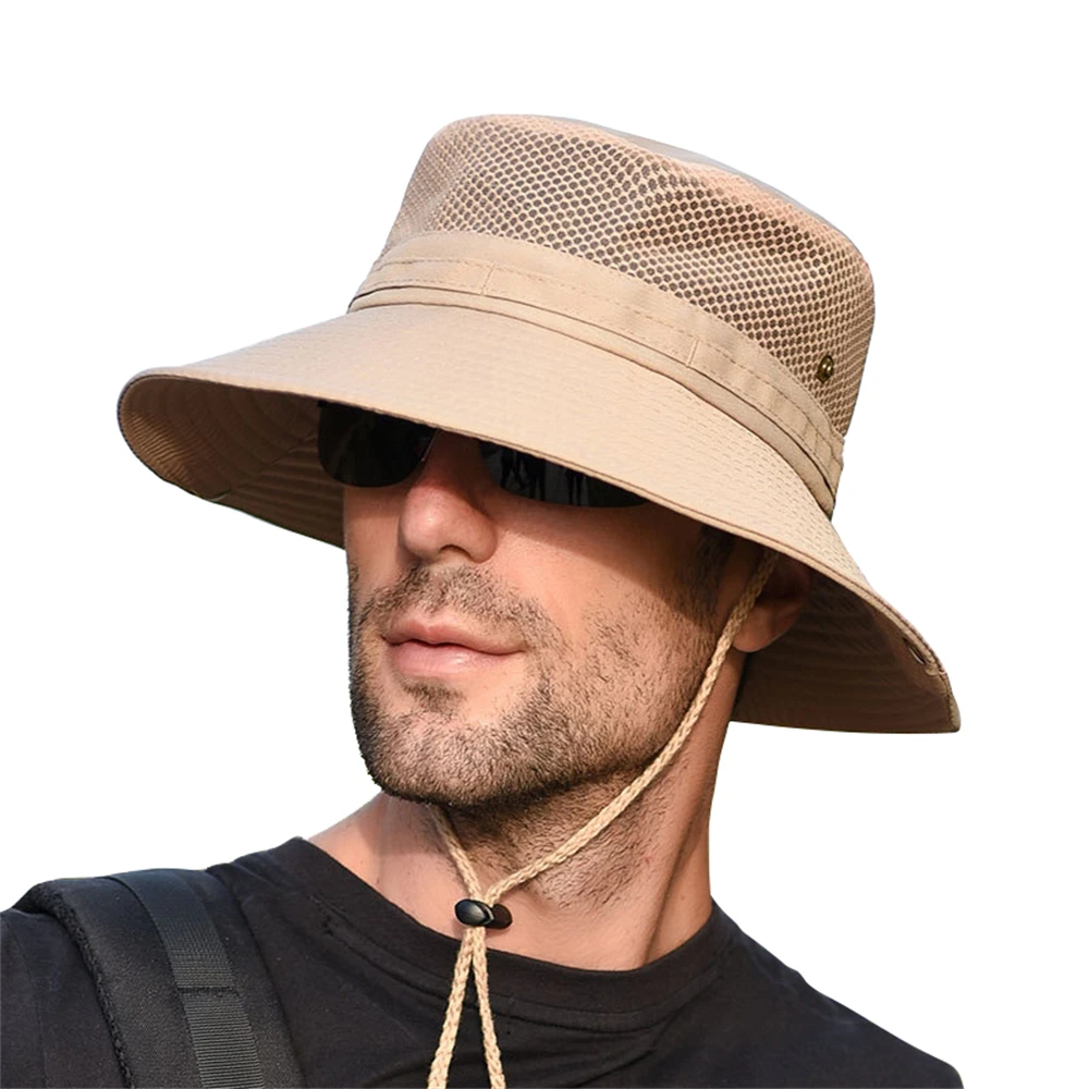 Men's Mesh Breathable Summer Fishing Hat Sun Protection Hiking Cap Outdoor Fisherman Headgear Wide Brim Bucket Chapeau Wholesale