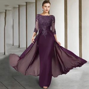 Elegant Mother Of The Bride Dress Dark Purple 3/4 Sleeves Sequin Lace Chiffon Mermaid Wedding Guest  in USA (United States)