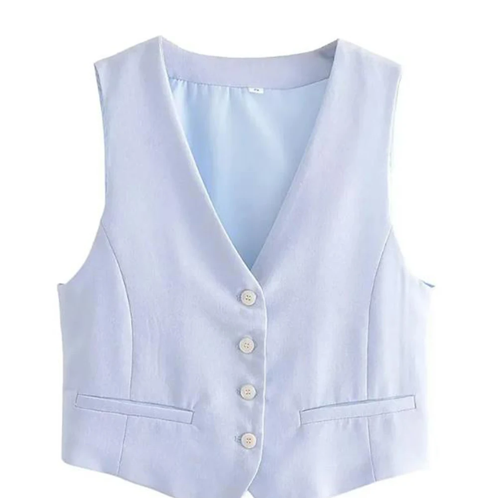 

Женский однотонный укороченный топ на пуговицах, модный тонкий однобортный Топ из льна с V-образным вырезом, лето 2023