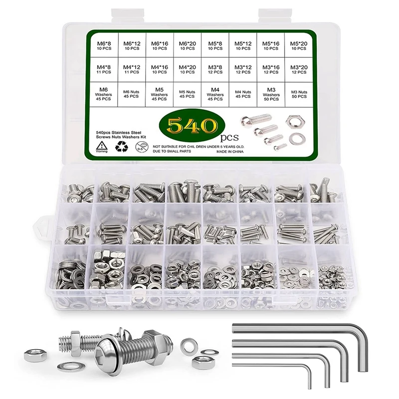 

HOT SALE 544 Piece Threaded Machine Screws, Bolts And Nuts Set 304 Stainless Steel M3 M4 M5 M6, Screw Assortment Washer Set