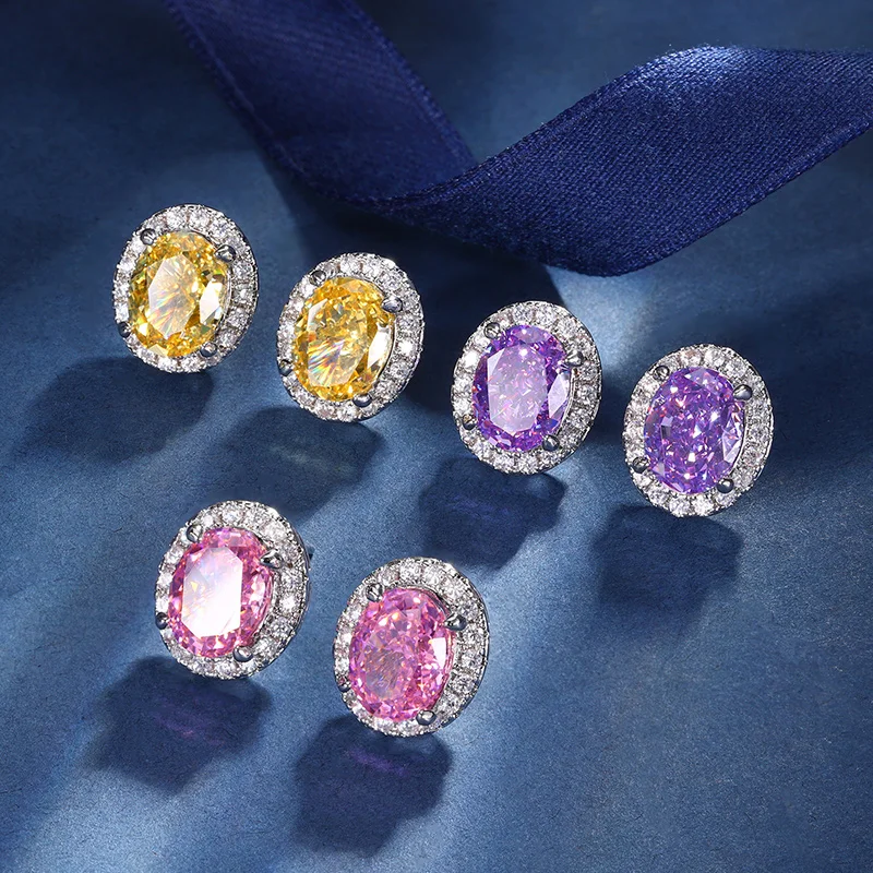EYIKA Бриллиантовая овальная серьга-гвоздик из желтого фиолетового розового