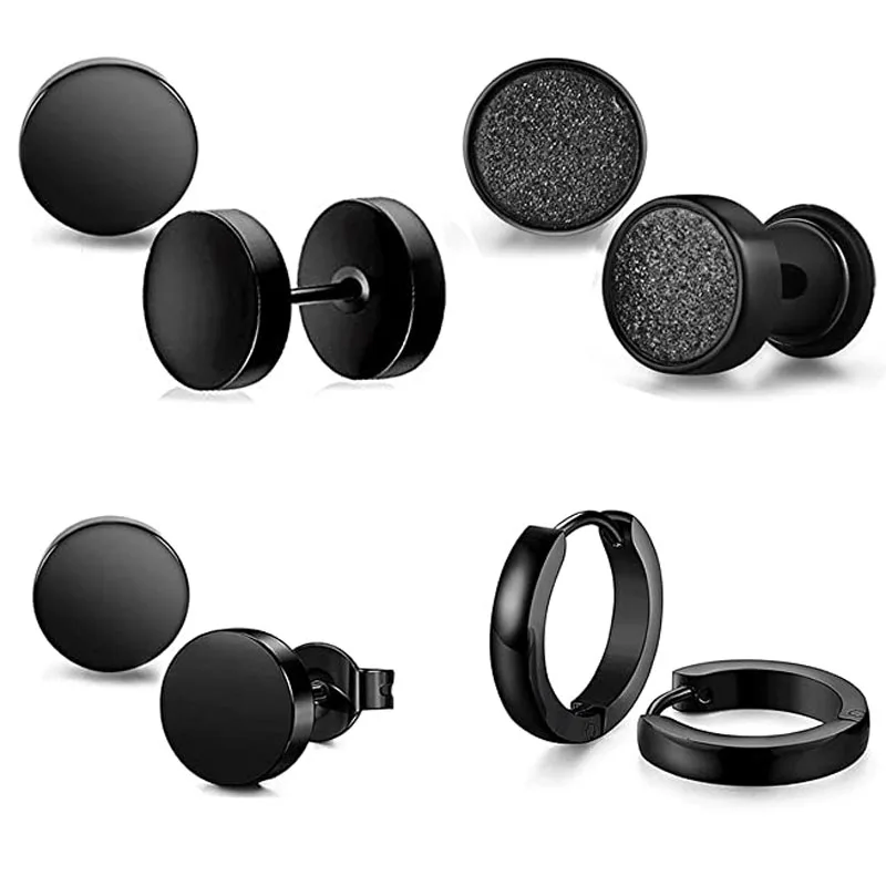 

4 Pairs Mens Black Round Disc Huggie Hoop Stud Earrings Stainless Steel Faux Gauges Ear Tunnel Piercing Hypoallergenic Jewelry