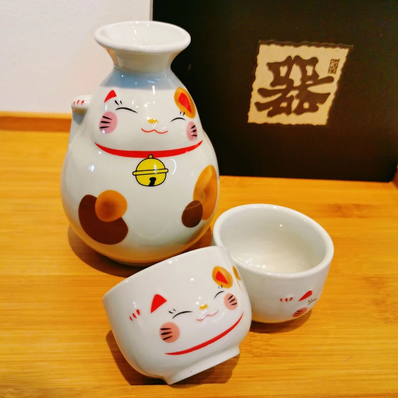Фото Винный набор Lucky Cat Набор японских саке Керамический винный горшок Flagon с чашкой для питья Барный набор для содз (1 кастрюля + 2 чашки) №2
