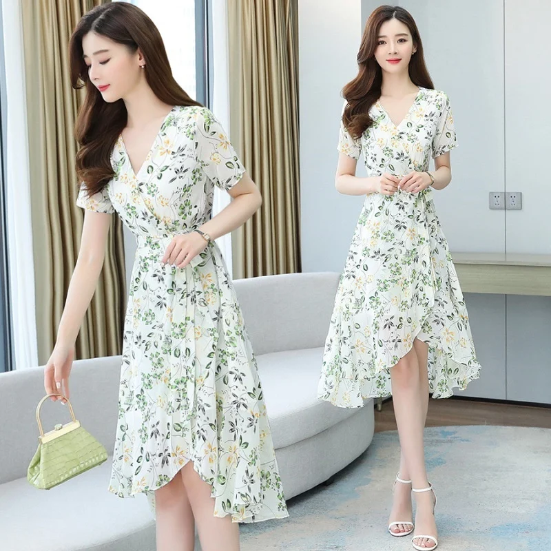 

New Irregular Skirt Broken Flower Dress Women's Summer Korean A-line Skirt High Waist Holiday Party Wedding Dress