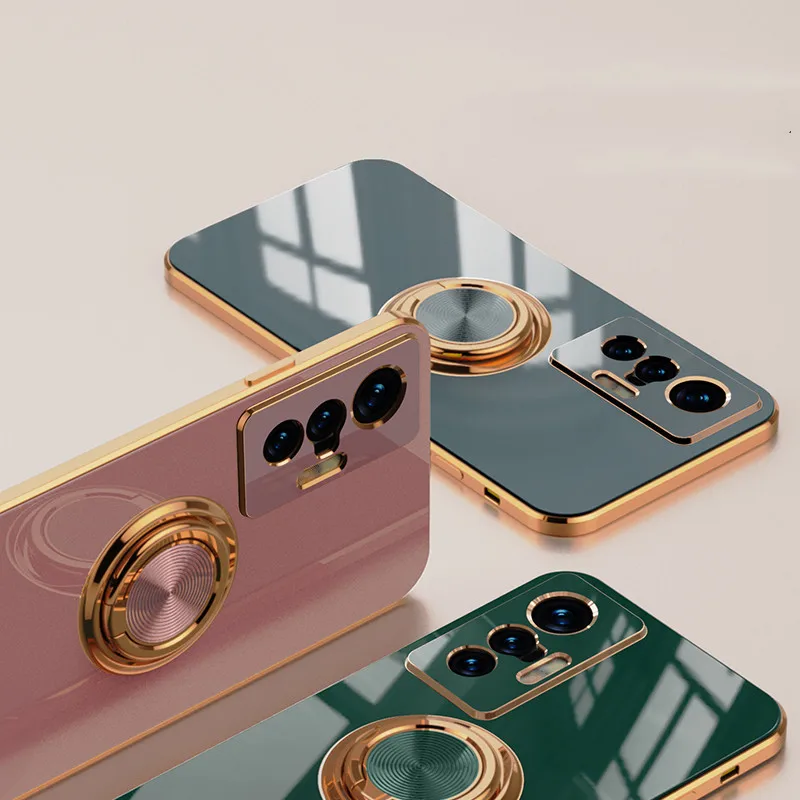 

Glossy Back Cover For vivo X30 50 60 70 80 Pro S9 S10 S15 v23 iqoo7 8 With Ring LUXURY Shockproof Stand Case