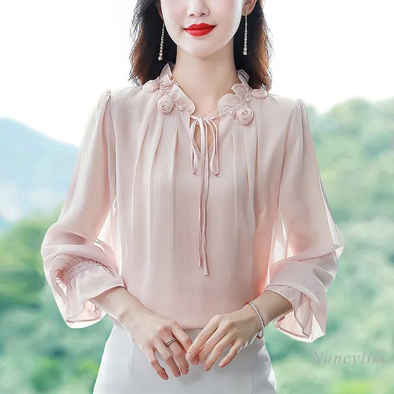 

Solid Color Chiffon Blouse Women's Long Sleeve Shirt 2023 Spring Summer New Loose Beautiful Flower Beaded Ruffled Collar Blouses