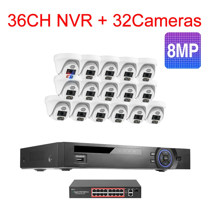 

36-канальная 8-мегапиксельная 5-мегапиксельная камера видеонаблюдения POE с двусторонней аудиосвязью H.265, интеллектуальным ИИ-