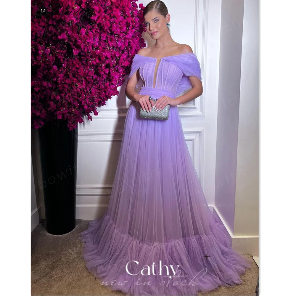 

Женское многослойное платье для выпускного Cathy, элегантное Лавандовое Платье трапециевидного силуэта с открытыми плечами, без бретелек, для вечеринки
