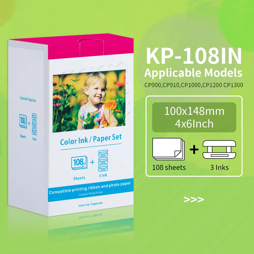 

KP-108IN Compatible for Canon Color Ink Photo Paper For Printer 4 X 6 Sublimation RP-108 For Selphy CP1300 1000 CP1200 CP910 900