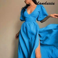 landuxiu 2022 autumn new european american cotton commuter v neck slit high waisted waist design sense a line skirt dress