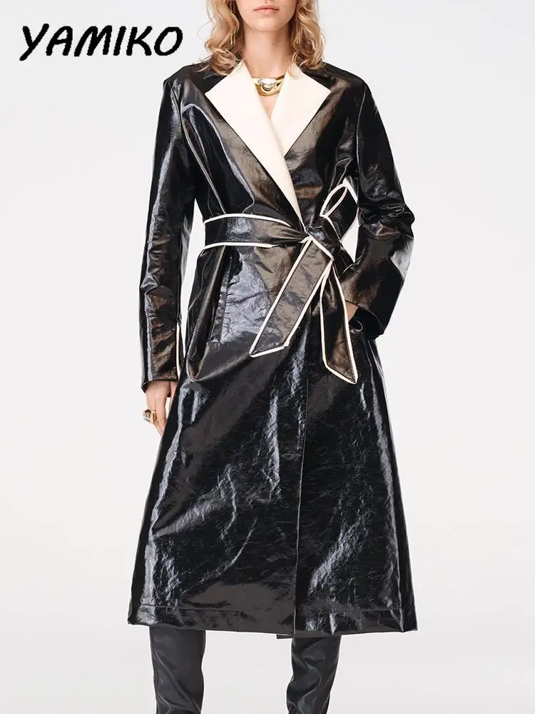 

Женское блестящее пальто со шнуровкой, однотонная модная куртка с отложным воротником и длинным рукавом, с карманами, уличная одежда, повседневная верхняя одежда, новинка 2023