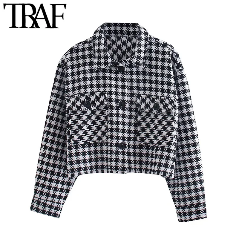 

TRAF Women Fashion With Pockets Houndstooth Crop Jacket Coat Vintage Long Sleeve Frayed Trims Female Outerwear Chic Tops