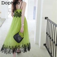 french style lace stitching bow sling green chiffon dress for women 2022 high waist strapless a line slip dresses vacation