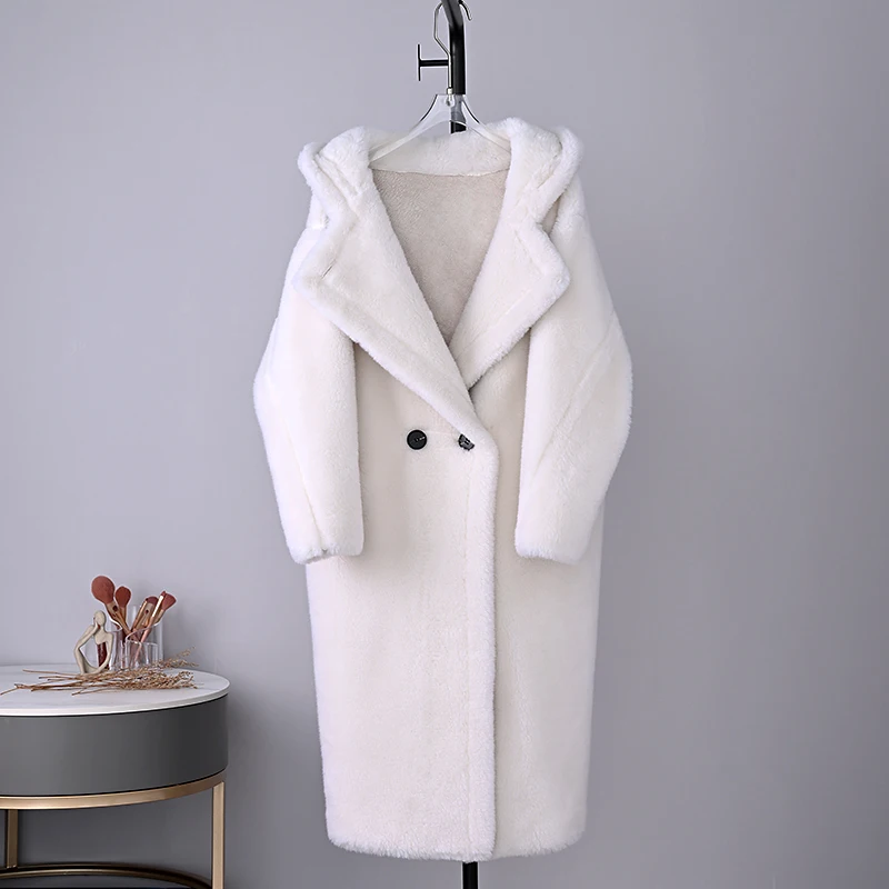 

Women 2023 Autumn Winter New Long Hooded Outerwear Female Sheep Shearing Fur Coats Ladies Thicken Genuine Wool Fur Jackets I86