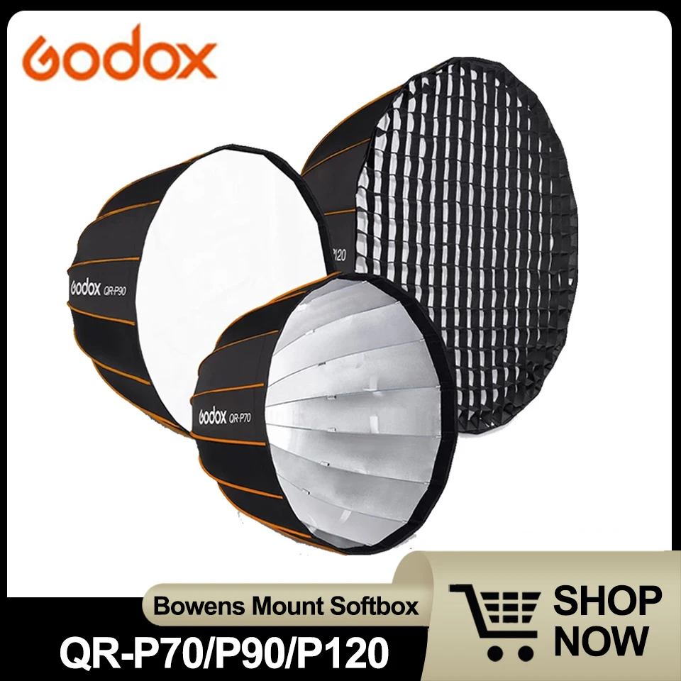 

Godox QR-P70 QR-P90 QR-120 Quickly Release Parabolic Deep Softbox with Honeycomb Grid for Bowens Mount Studio Light