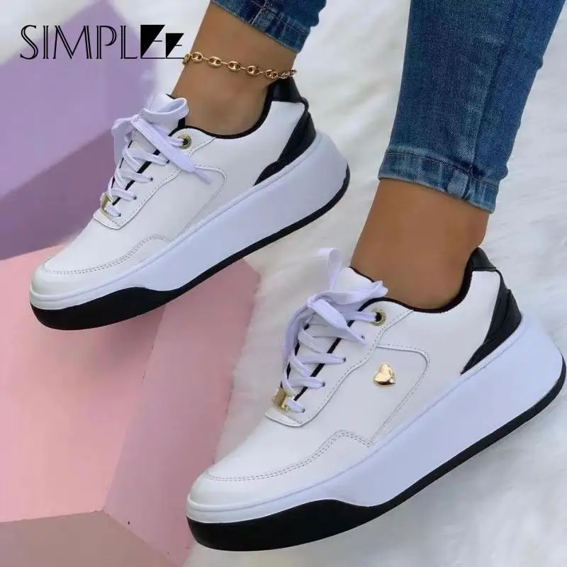 

2023 Women Platform Shoes Fashion Mixed Color Leather Sneakers Lace-Up Casual Ladies Vulcanized Shoes Female Flats Zapatillas