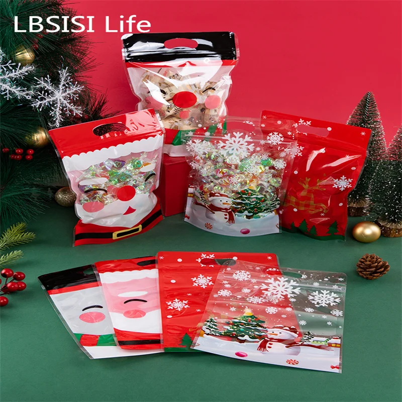 

LBSISI Life 50pcs Christmas Candy Gift Bag Transparent Snowflake elk Santa Claus packaging Snack Spring Festival Party Suppliy