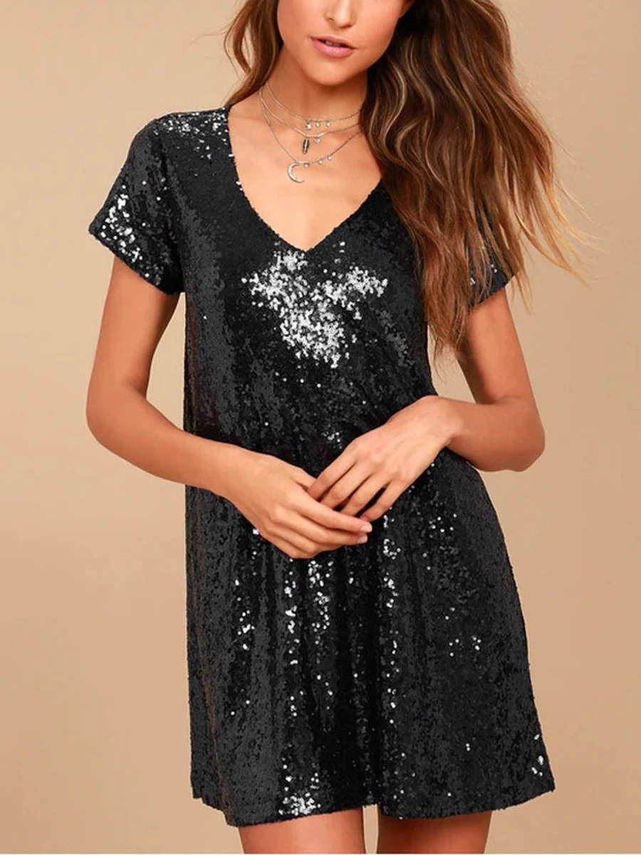 

StylishYoung Women Sparkly Sequin Mini Dress Short Sleeve V Neck Glitter Loose Summer Dress Clubwear Party (Champagne XL)
