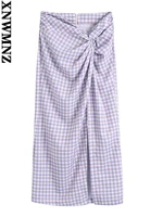 xnwmnz y2k skirt women 2022 fashion with knotted plaid slit midi skirt sexy vintage high waist female skirts ladies office