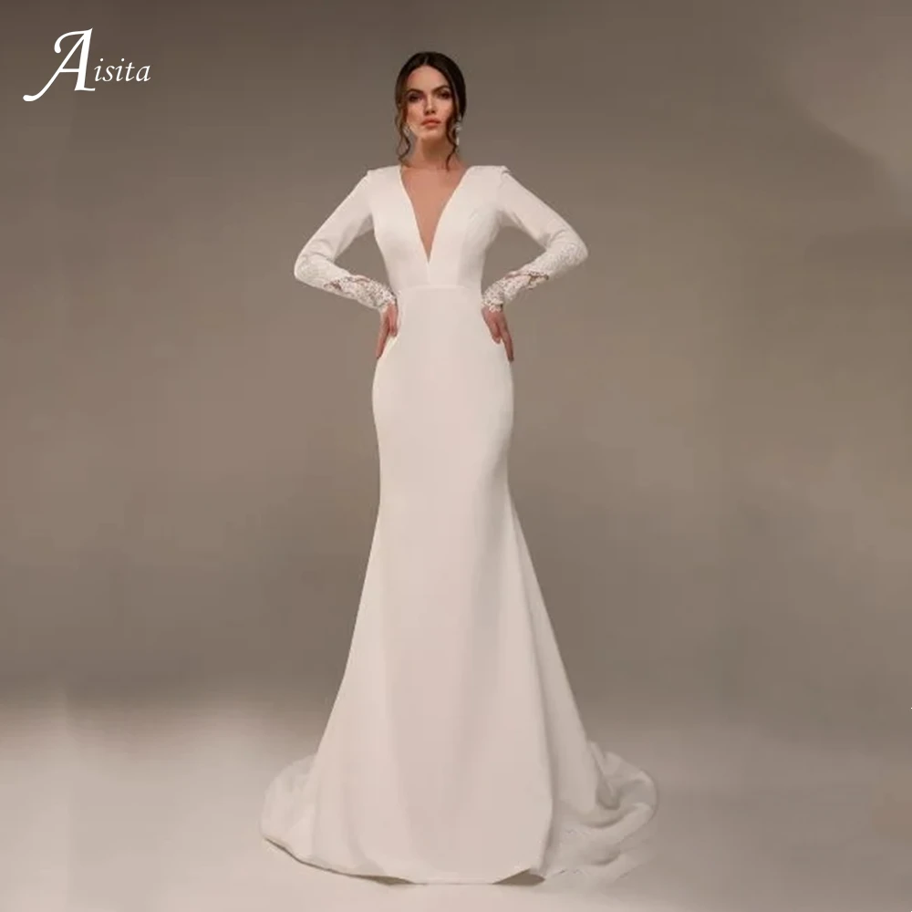 

Simple Modern Mermaid Beach Wedding Dresses Modest Vestidos De Boda Bridal Gown Chiffon Lace Embroidery Back Bridal Dress