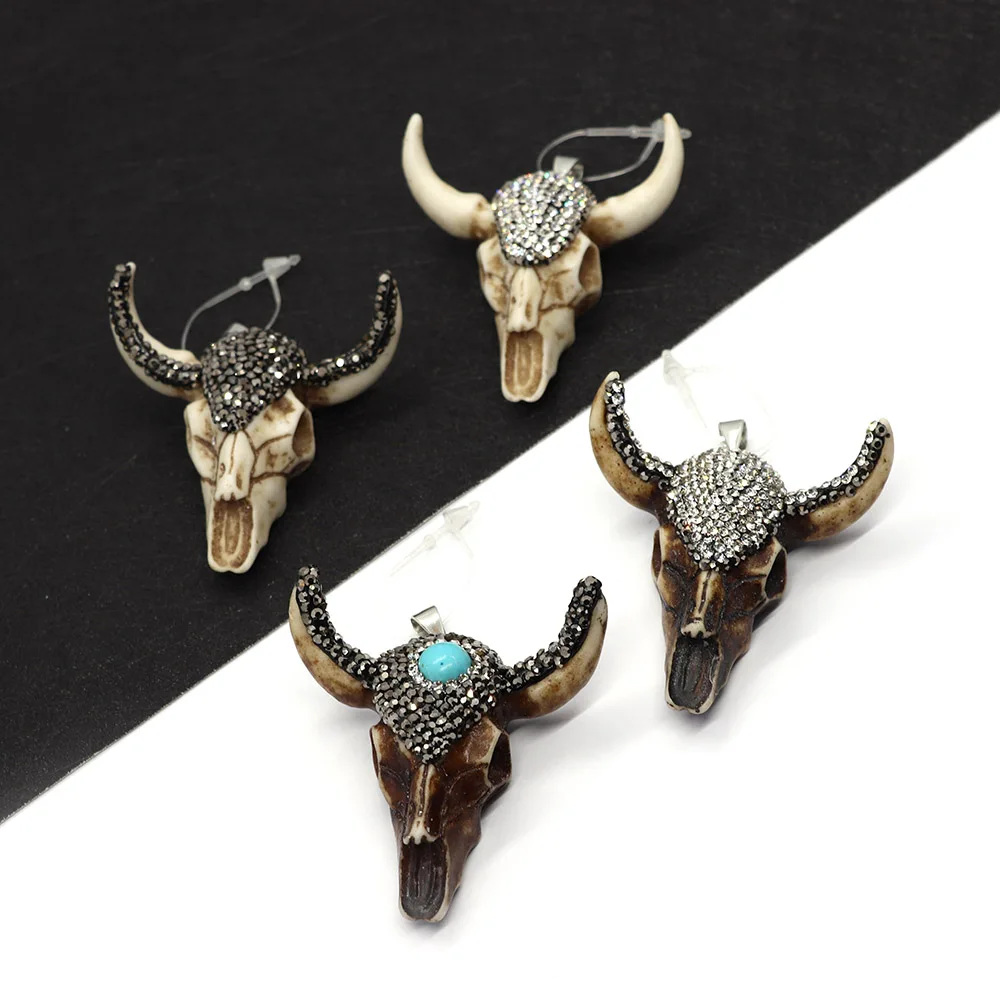 

Resin Bull Head Pendant 47x47mm Vintage Inlaid Rhinestone Natural Stone Charm DIY Necklace Earrings Fashion Jewelry Accessories