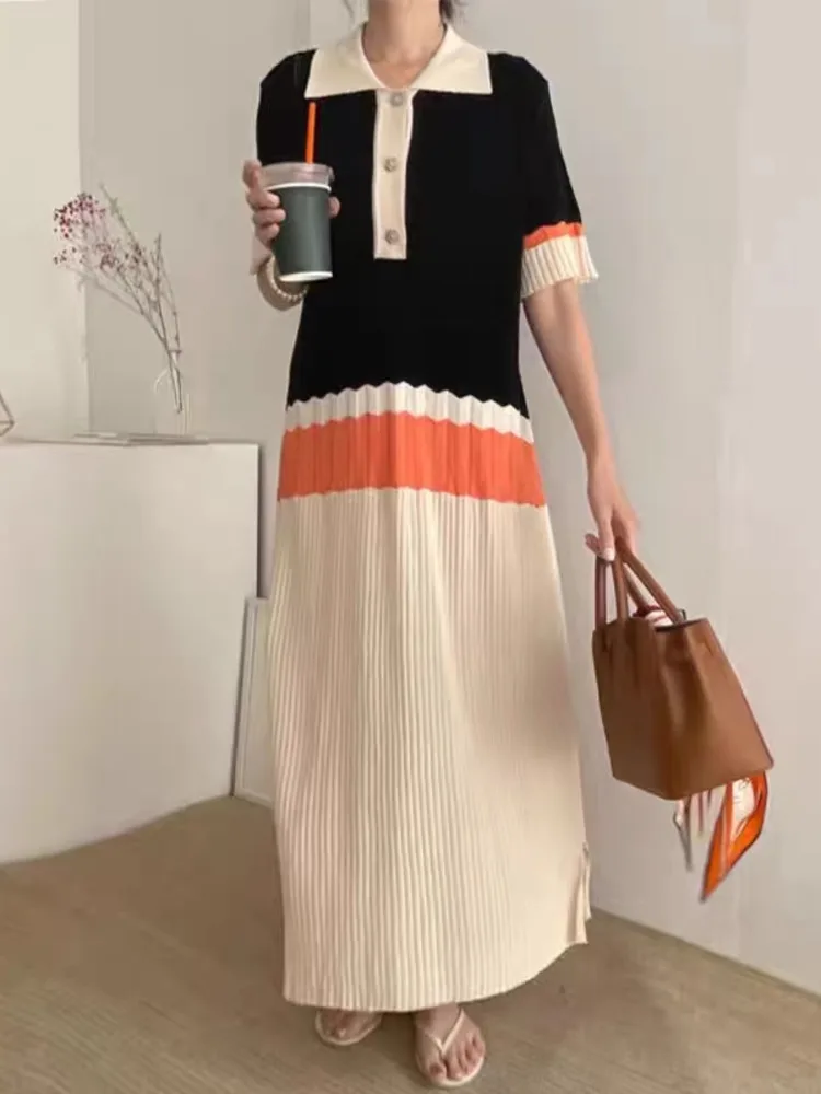 

Женское винтажное трикотажное платье миди, элегантное офисное длинное платье в полоску с отложным воротником и коротким рукавом, лето 2023