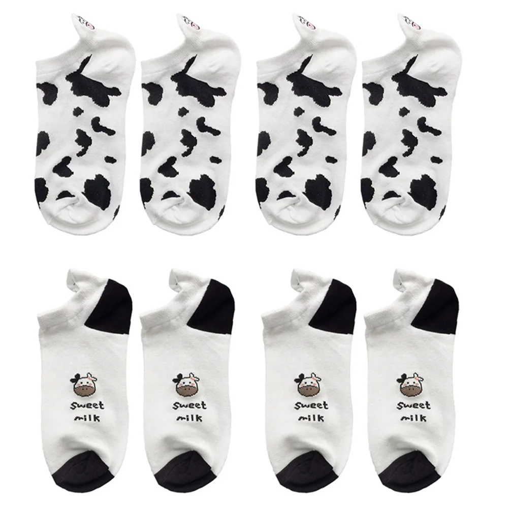4 Pairs Features Socks Women Cow Pattern Crew Conner The Girl Low Cut Novelty Black White Striped Funny Design Show Cotton