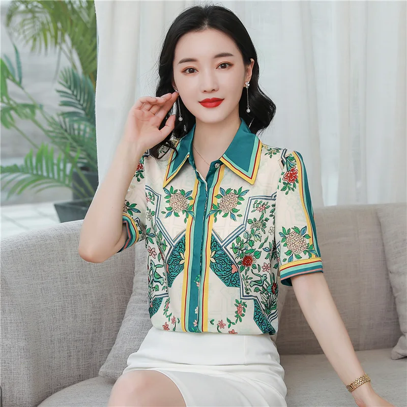 

Блузка женская шифоновая с принтом, пикантная рубашка-поло, повседневный топ с коротким рукавом, модная летняя женская одежда