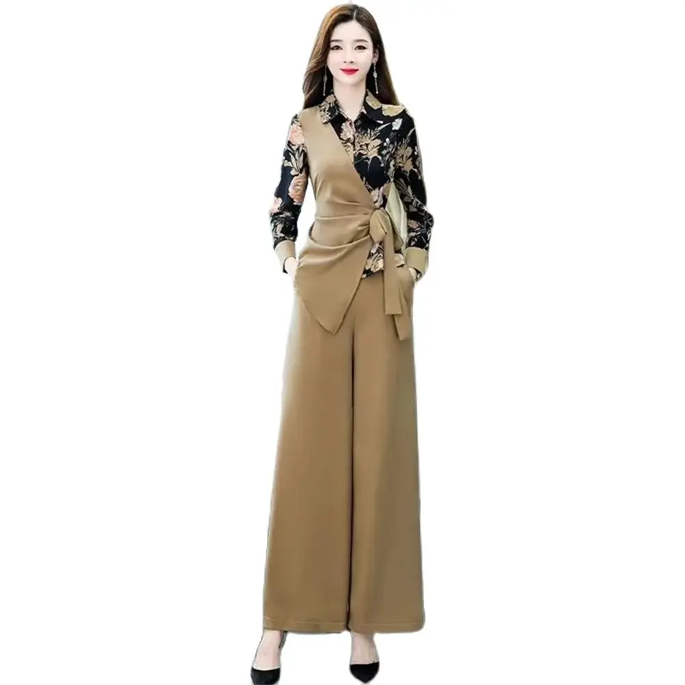 High Quality Women's 2 Piece Sets New Spring Autumn OL Slim Female Wide Legs Pants Suits Trendy Elegant Print Ladies Two Suits