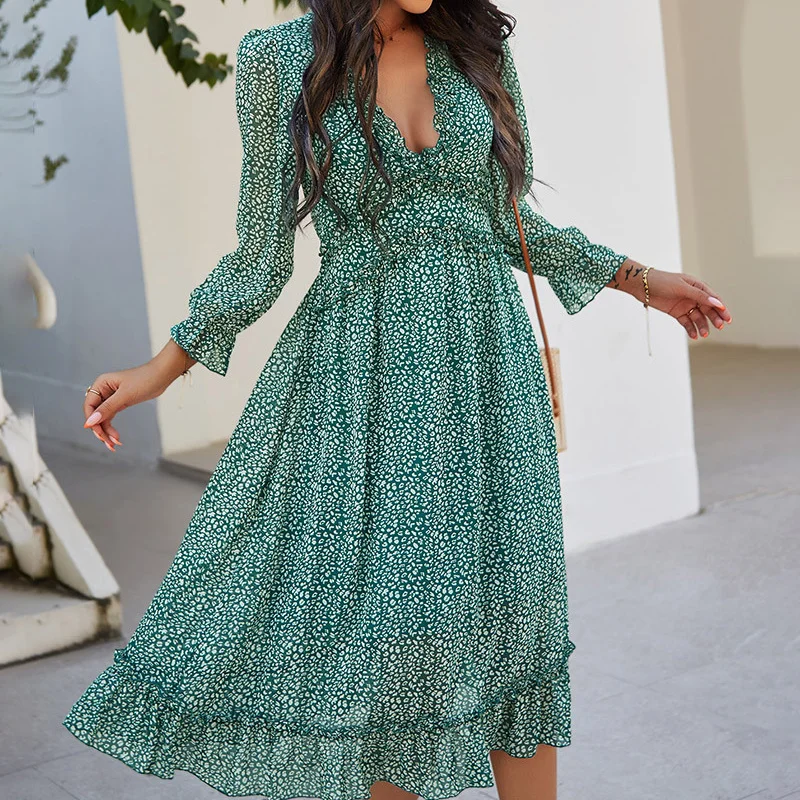 

Женское платье с длинным рукавом и глубоким V-образным вырезом, весна-лето 3/4