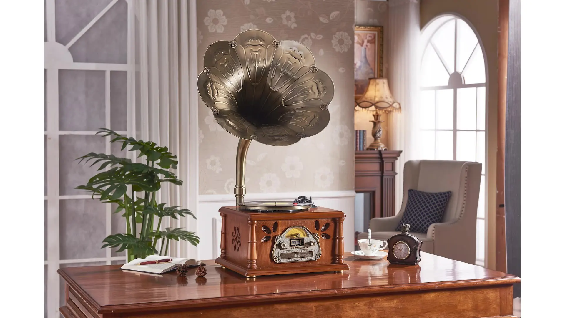 

turntable vinyl record player FM gramophone gold vintage gramophone