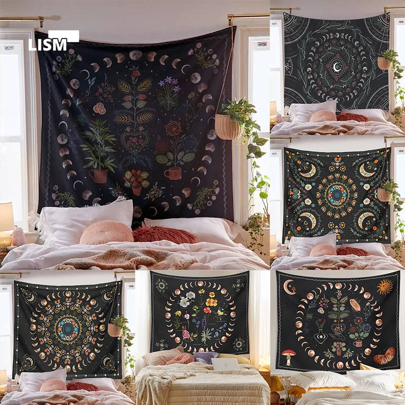 

Moon Phase Tapestry Wall Hanging Botanical Celestial Florall Tapestries Hippie Flower Carpets Dorm Decor Starry Sky Carpets
