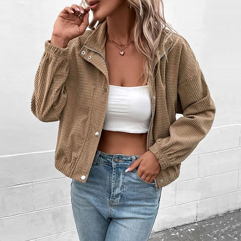 

Fall Winter European and American Fashion New Single-breasted Stand-up Collar Jacket Cardigan Corduroy Casual Short Jacket Women