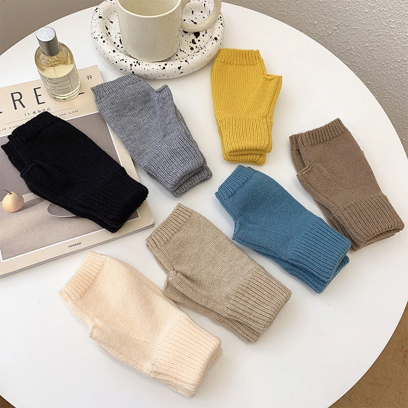

Unisex Knitted Half-Finger Gloves Woolen Knitting Fingerless Gloves Crochet Elastic Mittens Simple Gloves Warm Wrist Protector