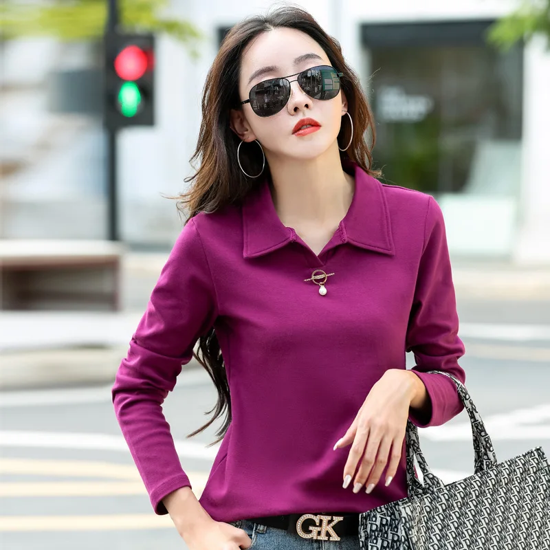 Autumn long-sleeved 2022 new women's blouse lapel exquisite pearl button cotton t-shirt polo shirt foreign style blouse tops