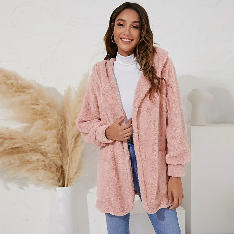 Autumn Winter 2022 Warm Plush Hooded Jackets Women's Faux Fur Coats Vintage Loose Thick Casual Jacket Women