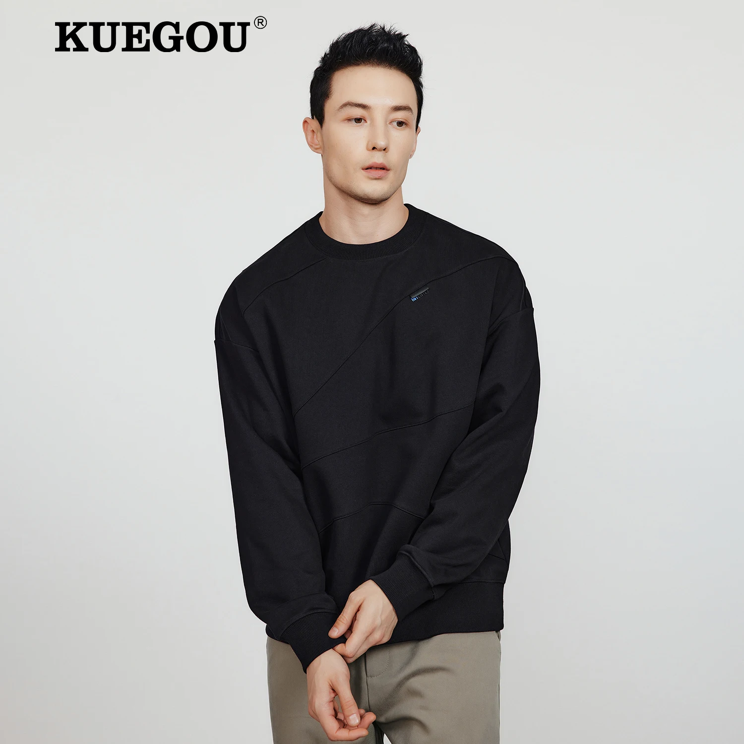 KUEGOU 2022 Autumn 100% Cotton  Letter Print Sweatshirt Men Crewneck Slim Fashion For Male Streetwear Plus Size Clothing 7078