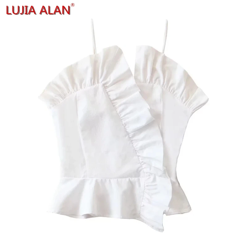 

Summer New Women Cascading Ruffle White Sling Blouse Female Sleeveless Shirt Casual Slim Fit Tops LUJIA ALAN B2003