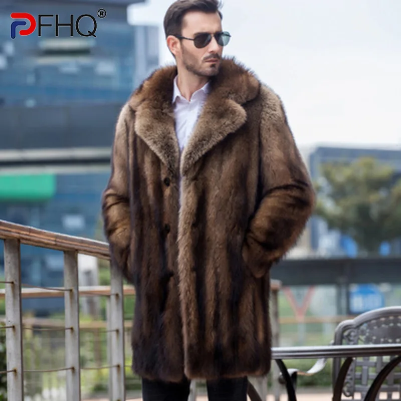 

PFHQ 2023 Trendy New Faux Fur Long Coat Casual Men's Imitation Mink Suit Collar Elegant Luxury Winter Warm Stylish Jacket Trench