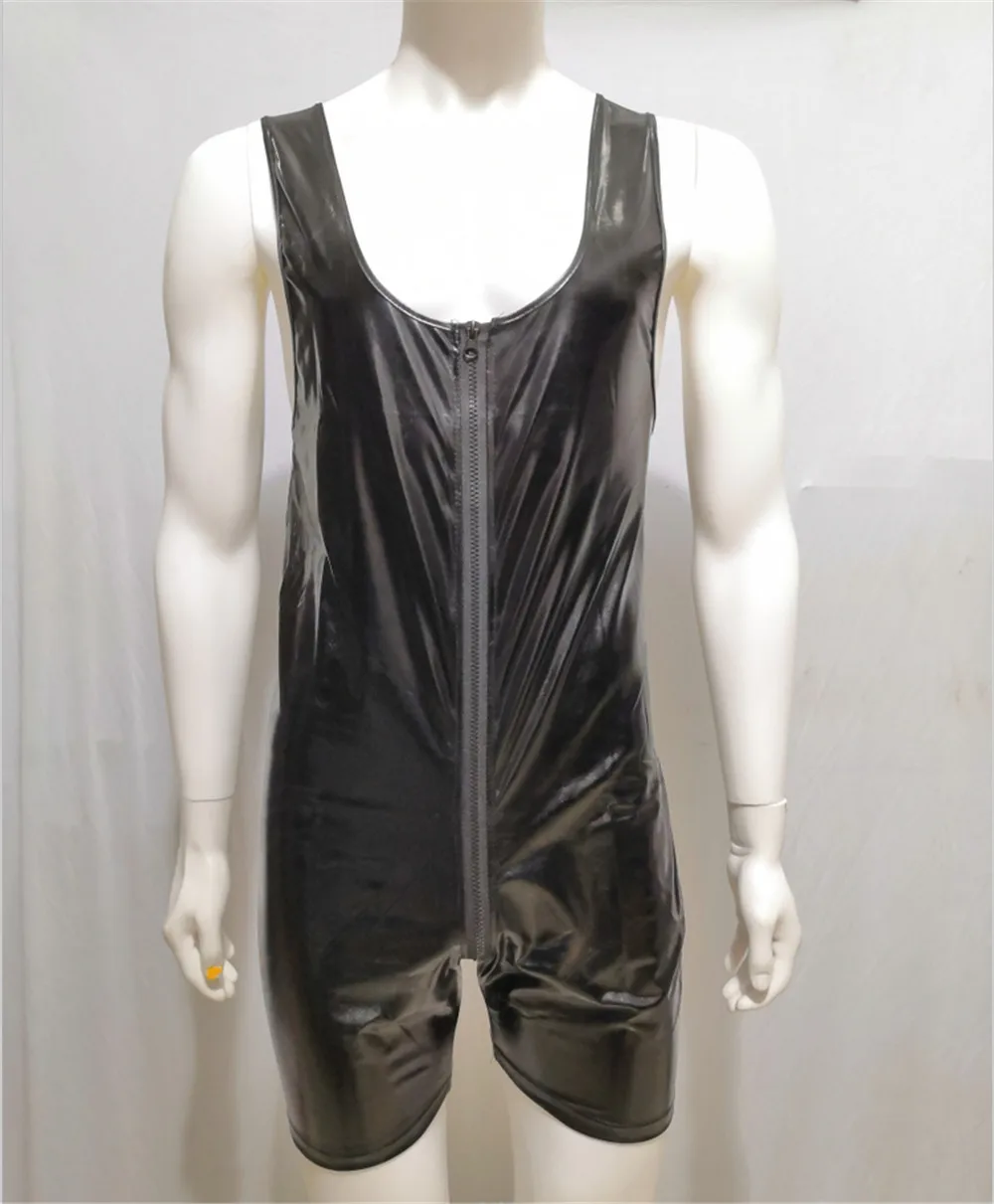 YUFEIDA Men Lingerie Bodysuits Zipper Patent Leather Bodysuit U Neck Sleeveless Vest Jumpsuit Clubwear Stage Performance Costume