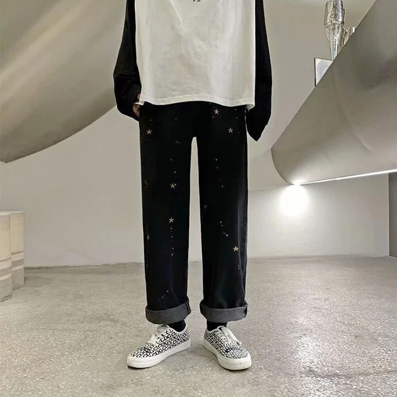 

Джинсы мужские в стиле хип-хоп, прямые свободные повседневные штаны в стиле ретро, с принтом в горошек, с вышивкой звездами и брызгами, модна...