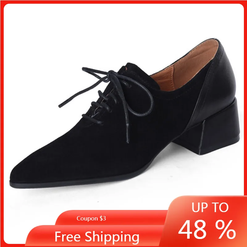 

ENMAYER 2023New Genuine Leather Oxford Shoes Solid Shoes Woman Basic Thick Med Heels Single Shoes Narrow Band Ladies Dress Pumps