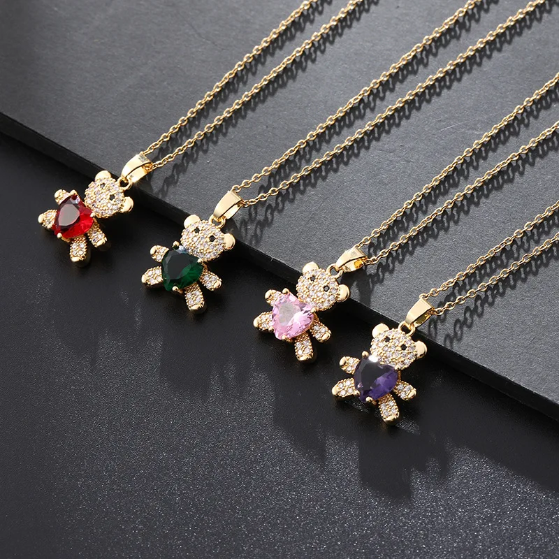 

Lovely Bear Inlaid Zircon necklace for women Luxury Heart Pendants Clavicle Chain Elegant Choker Necklace Jewelry Sweater Chain