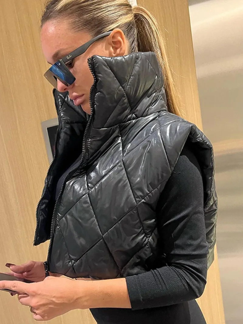 

2023 Autumn Winter Stand Collar Zipper Vests for Women Cotton-padded Waistcoat Female Sleeveless Warm Jackets Coats Streetwear