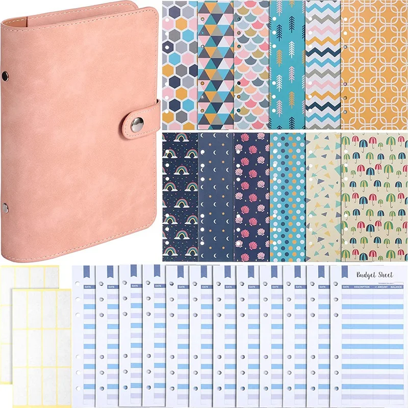 

A6 PU Leather Notebook Binder ,6 Rings Binder Cover, 12 Pieces Budget Envelopes System, Expense Budget Sheets