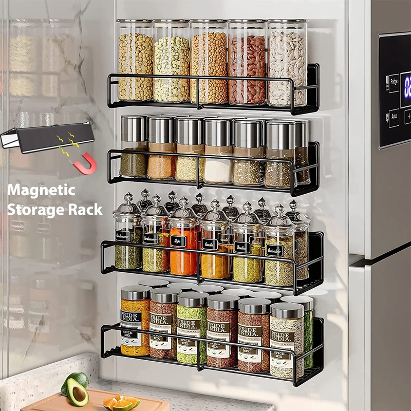 

Magnetic Kitchen Storage Rack Waterproof Refrigerator Magnetic Organizer Rustproof Spice Shelf No Drilling Kitchen Accessories